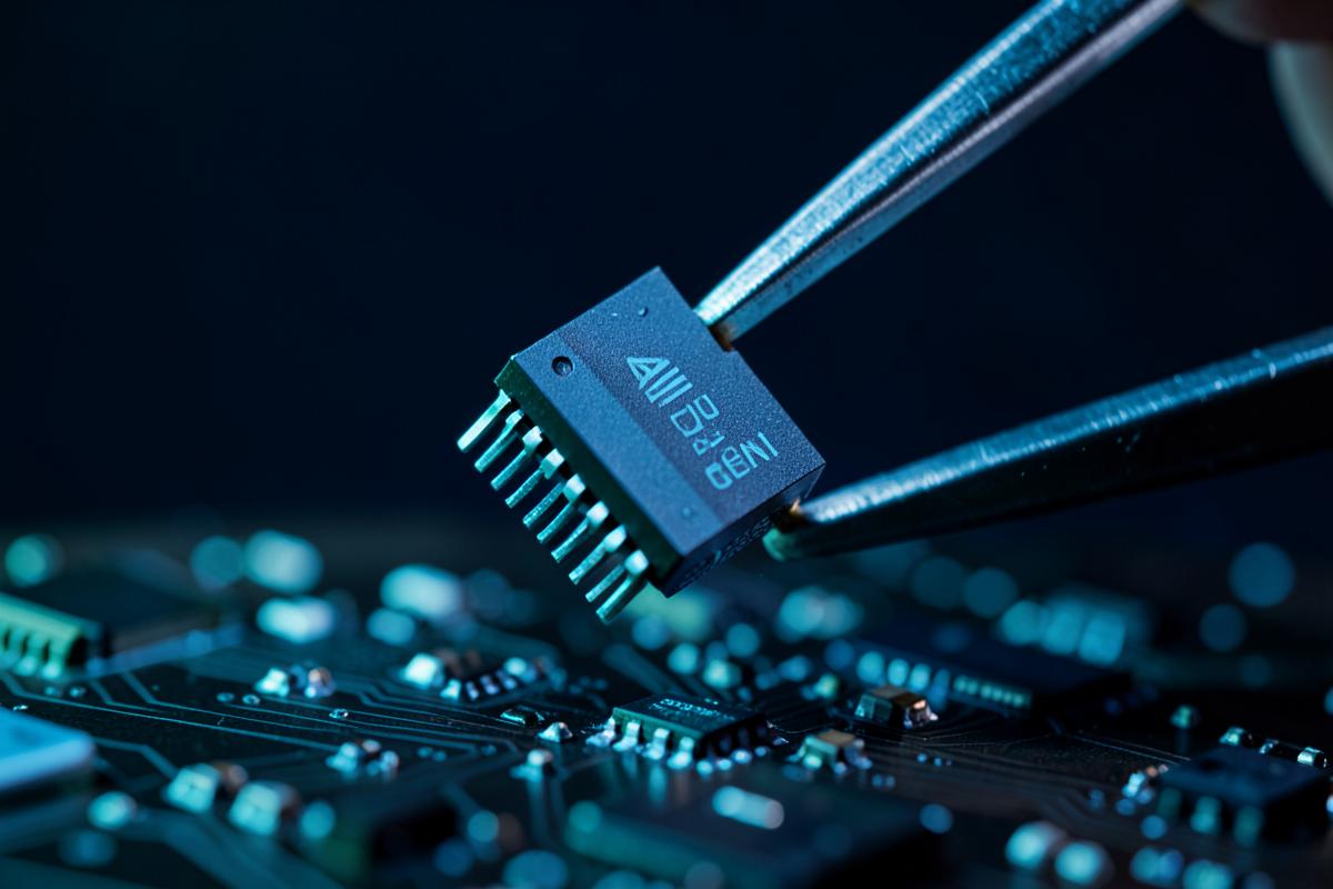 M.2 format AI accelerator module held above a circuit board