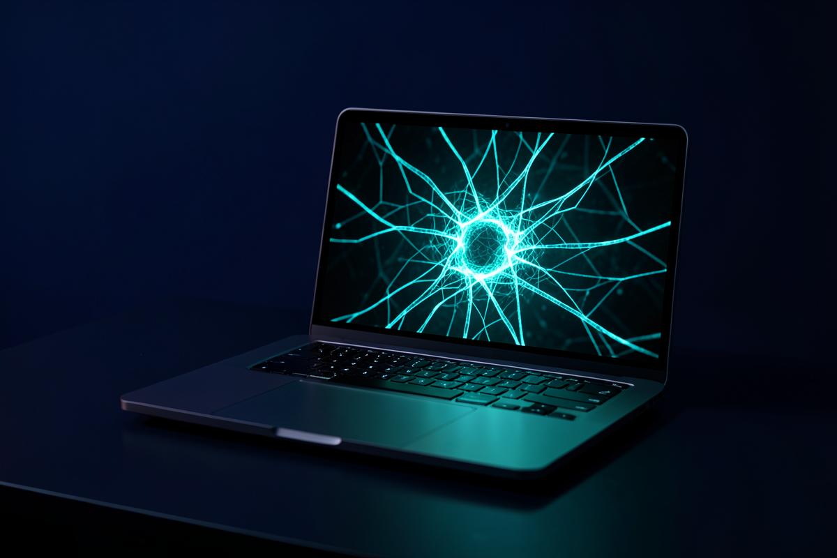 Thin laptop on a dark desk with an abstract neural graphic on screen