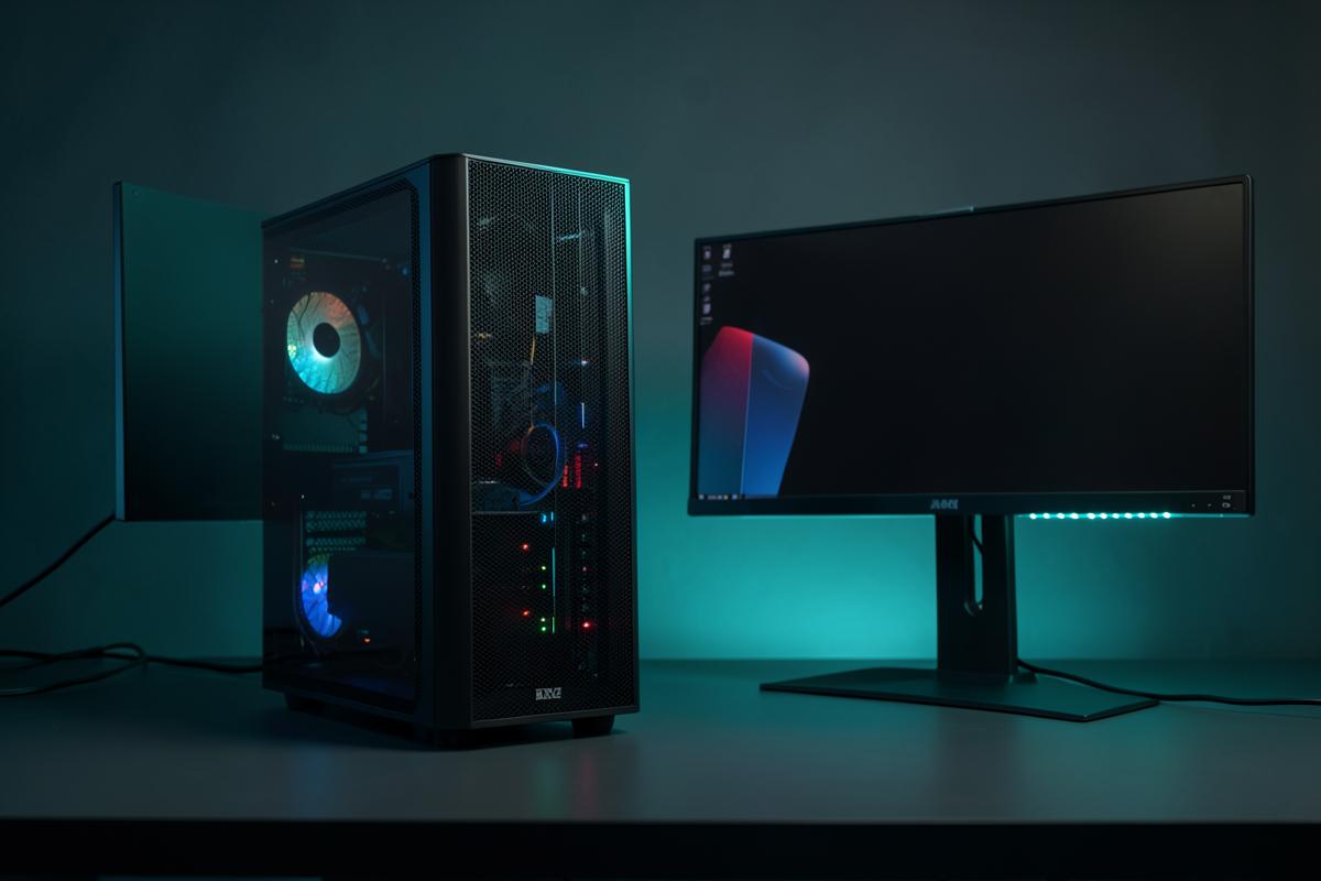 Compact desktop AI supercomputer beside a monitor in a dim studio