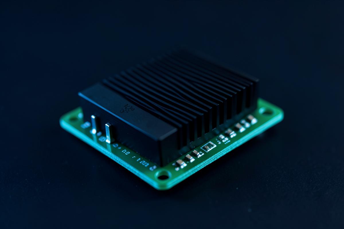 Close-up of a compact edge AI system-on-module with heatsink mounted on a carrier board