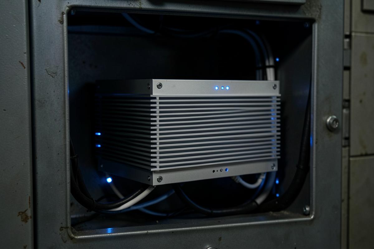 Fanless industrial edge computer mounted inside a metal control cabinet