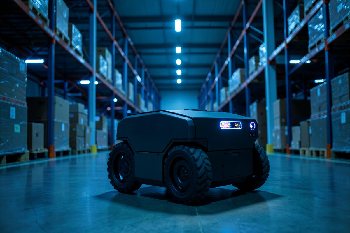 Autonomous mobile robot in a warehouse aisle with sensors visible on its chassis