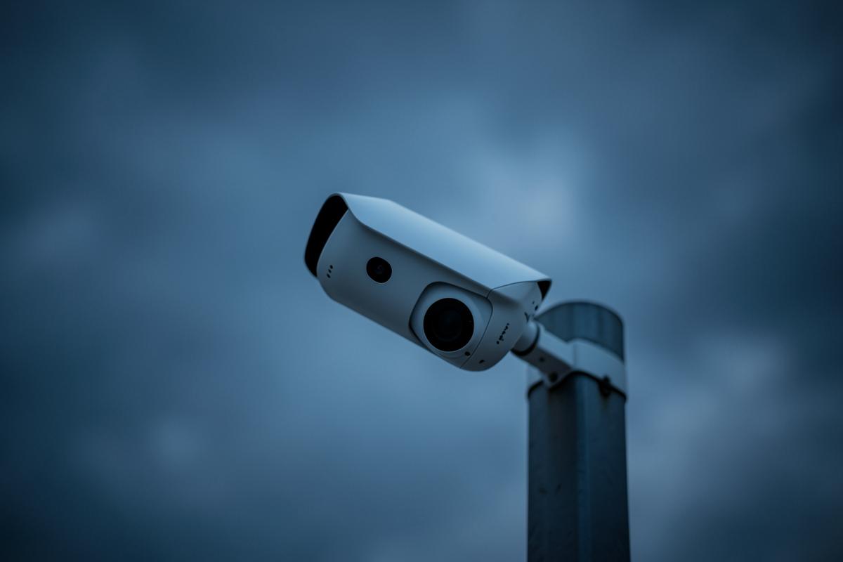 Smart network camera mounted on a pole against an overcast sky