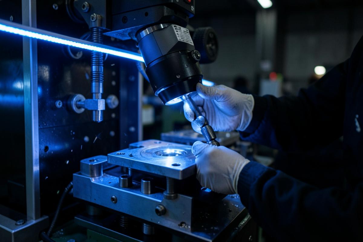 Industrial camera inspecting components on a production line with blue lighting